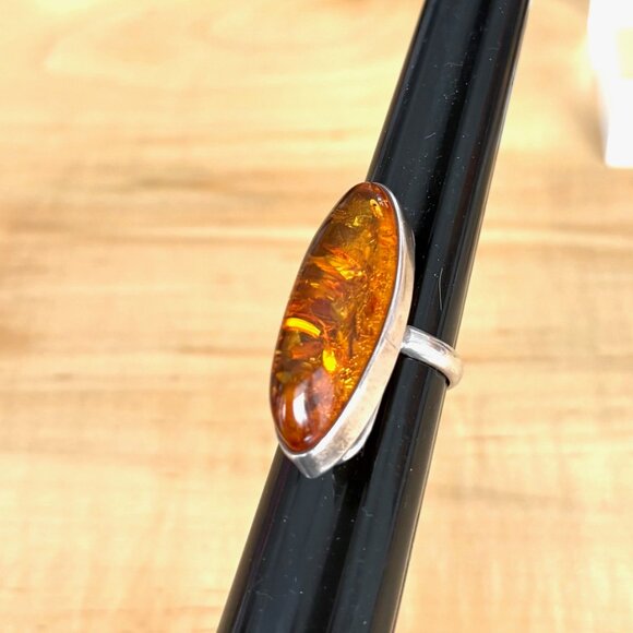 Large Amber & Sterling Silver Statement Ring Artisan Handmade Size 8 - Picture 16 of 16